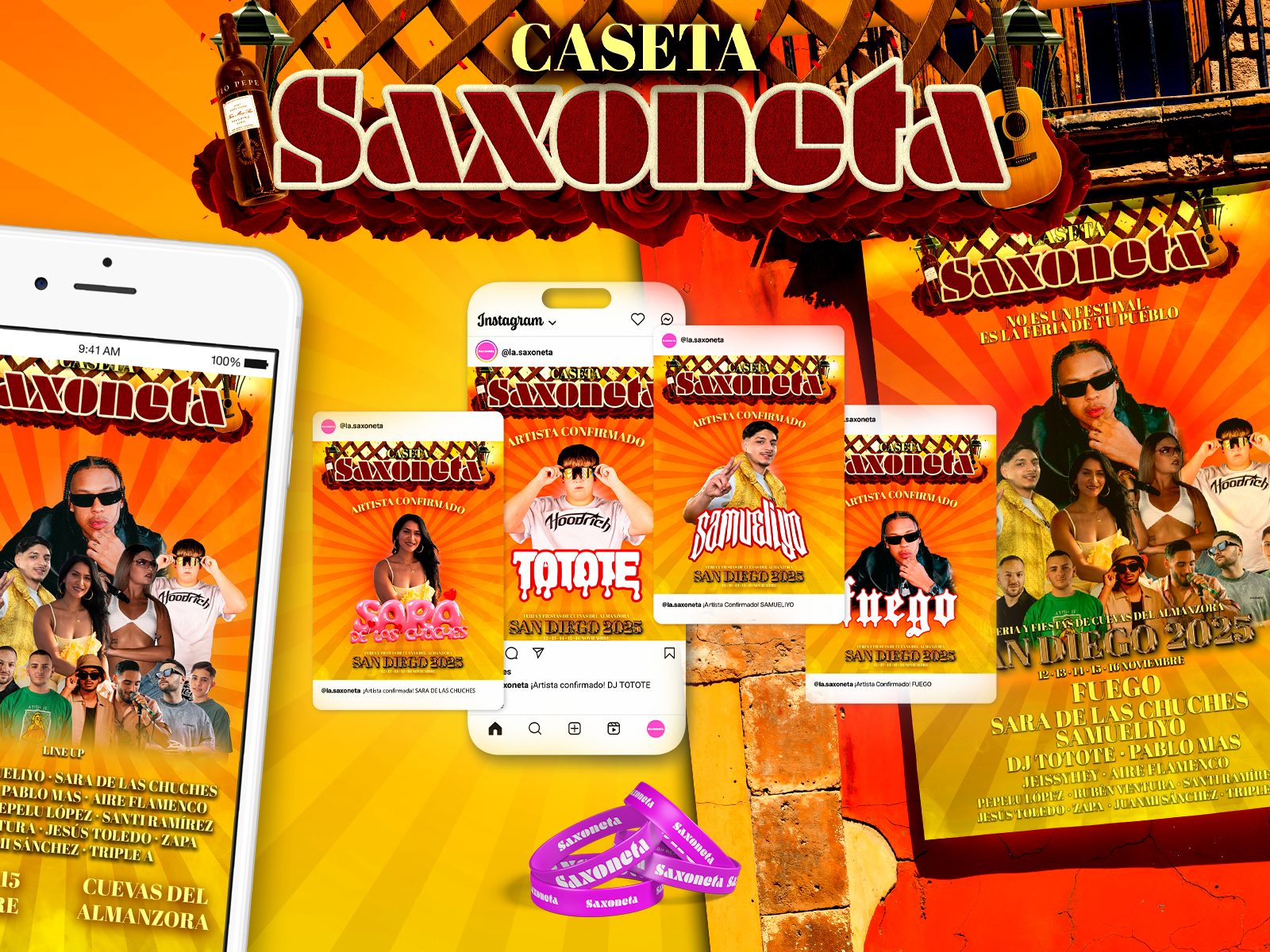 Caseta Saxoneta — Branding identidad visual feed Instagram cartelería Cuevas del Almanzora